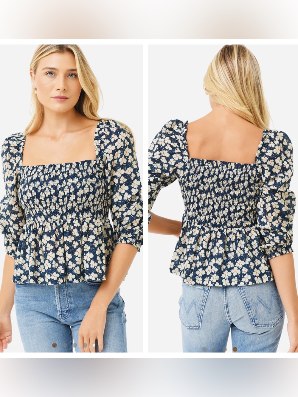 Trovata Navy and Cream Floral Smocked Square-Neck Peplum Top